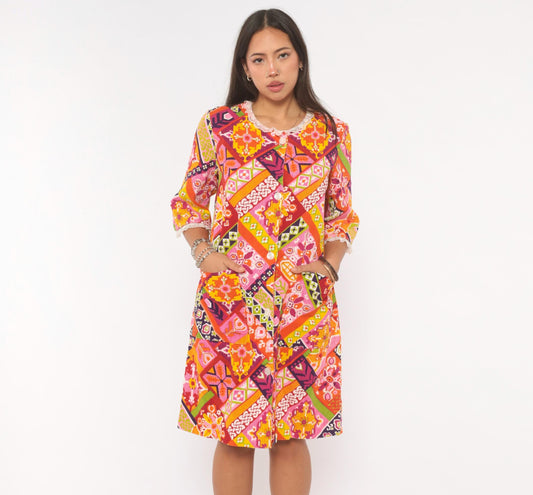 1970s Patchwork Button Front Shift Dress Knee Length Cotton Multicolor Medium M