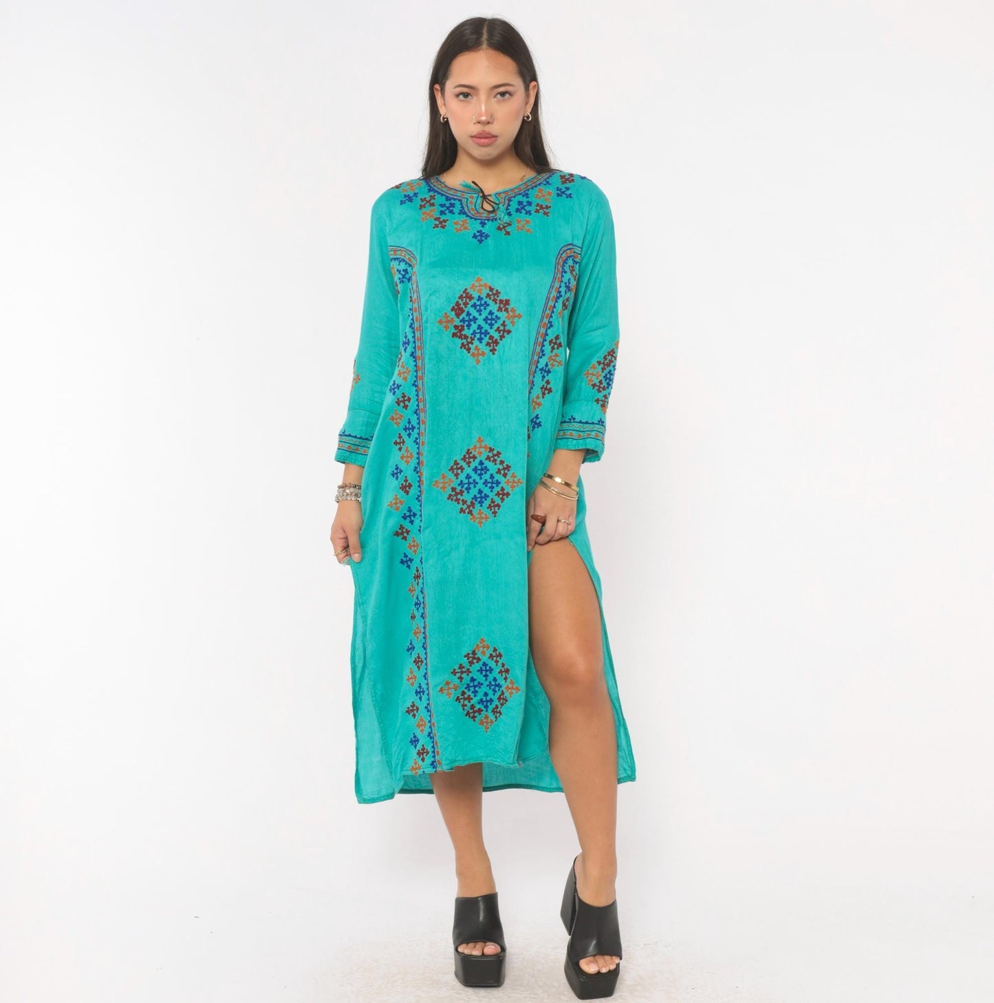 Y2K Teal Cotton Kaftan Embroidered Cross Stitch Diamond Tunic Dress Medium M
