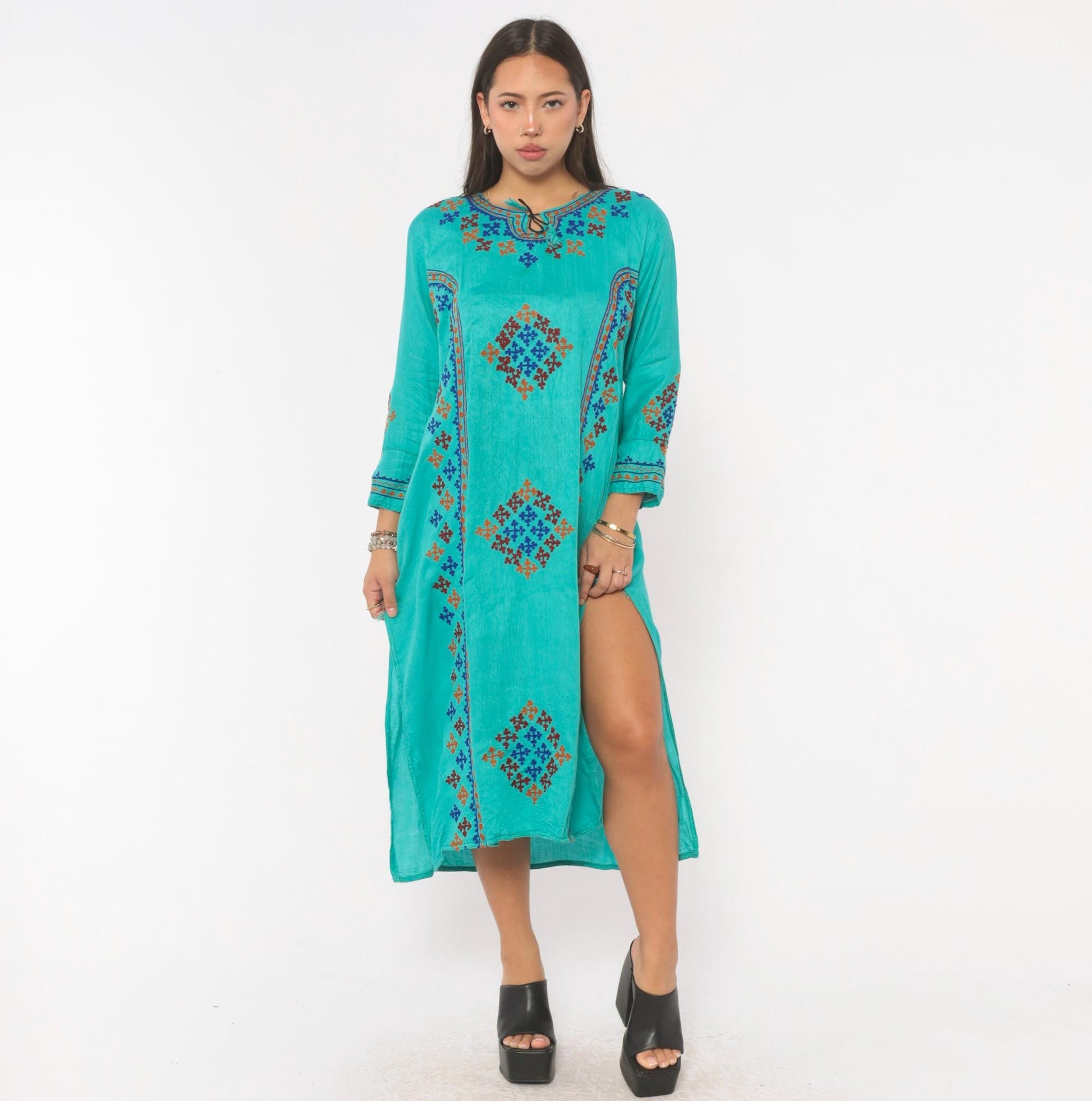 Y2K Teal Cotton Kaftan Embroidered Cross Stitch Diamond Tunic Dress Medium M