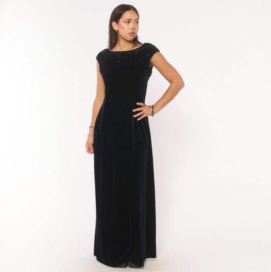 90s J. R. Nites Navy Velvet Gown Beaded Sequin Cap Sleeve Boat Neck Medium