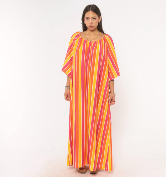 70s Striped Caftan Orange Pink Yellow Cotton Maxi Dress Flutter Sleeve Plus Size 3X