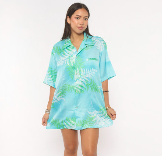 90s Malihini Hawaiian Shirt Fern Print Aqua Blue Green Leaf Camp Collar Medium