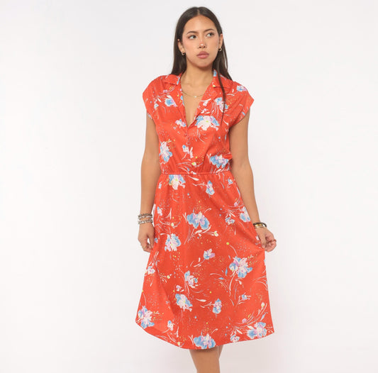 70s Jimmy Floral Button Front Dress Red Coral Watercolor Cap Sleeve Small
