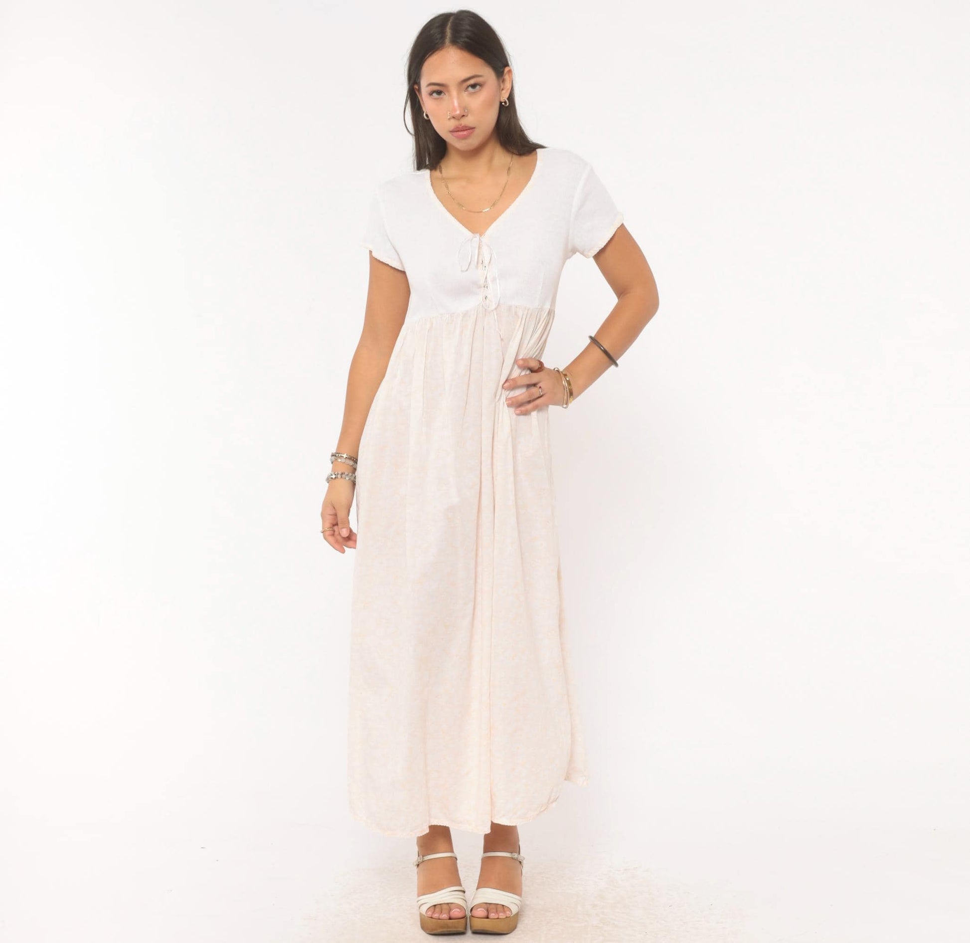 90s Victoria's Secret Floral Maxi Dress White Cotton Empire Waist Small S