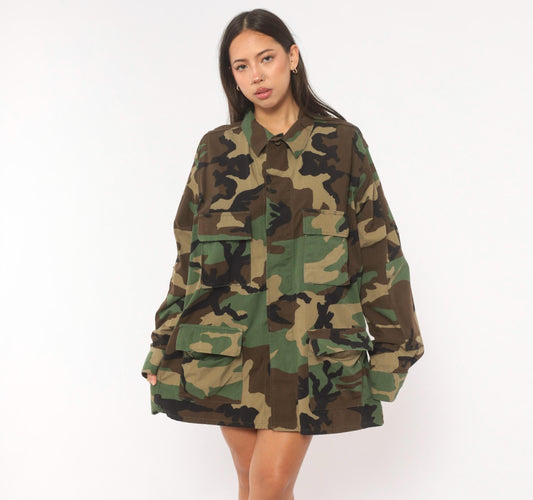 90s Caribbean Needle Point Woodland Camo BDU Jacket Olive Brown Cargo Extra Large
