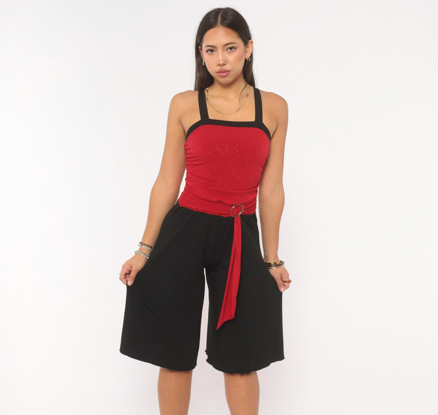 Y2K Byergirl Red Glitter Black Wide-Leg Jumpsuit Ruched Bodice XS