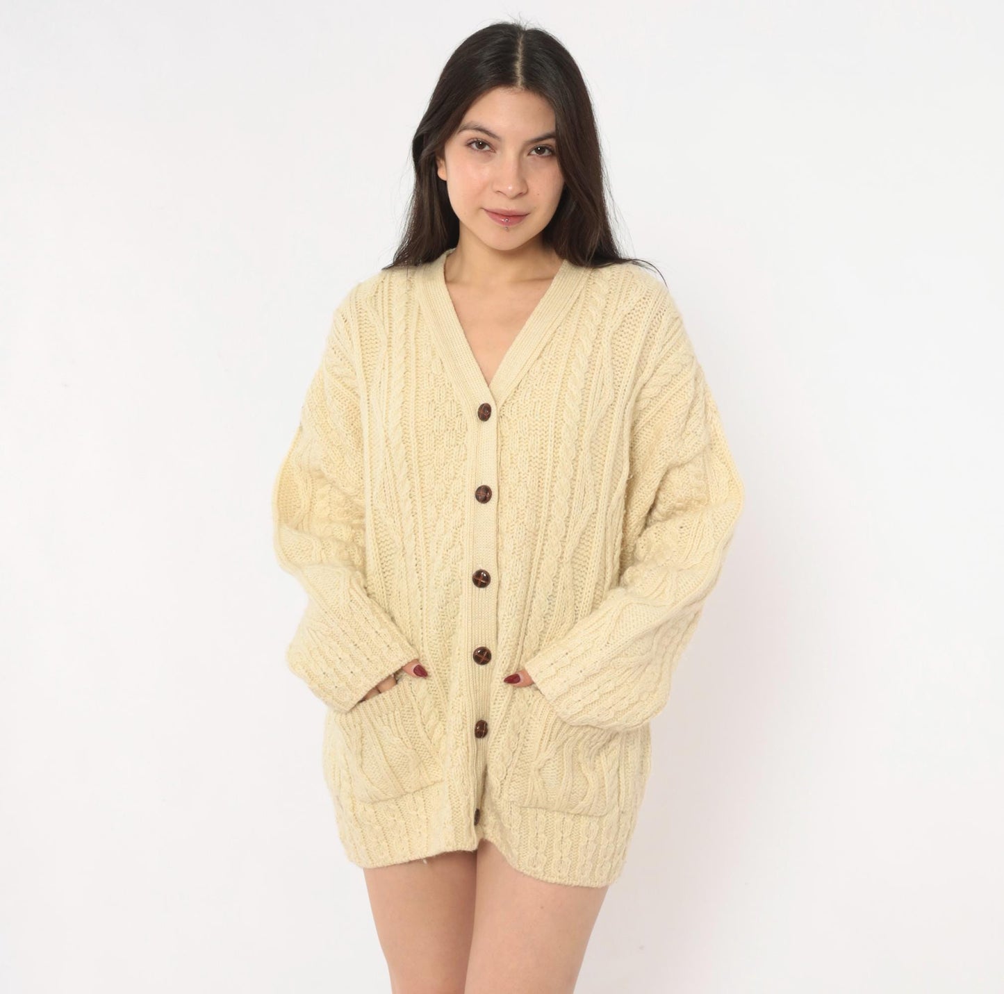 80s Celtic Country Cable Knit Cardigan Cream Wool Button Front Large L