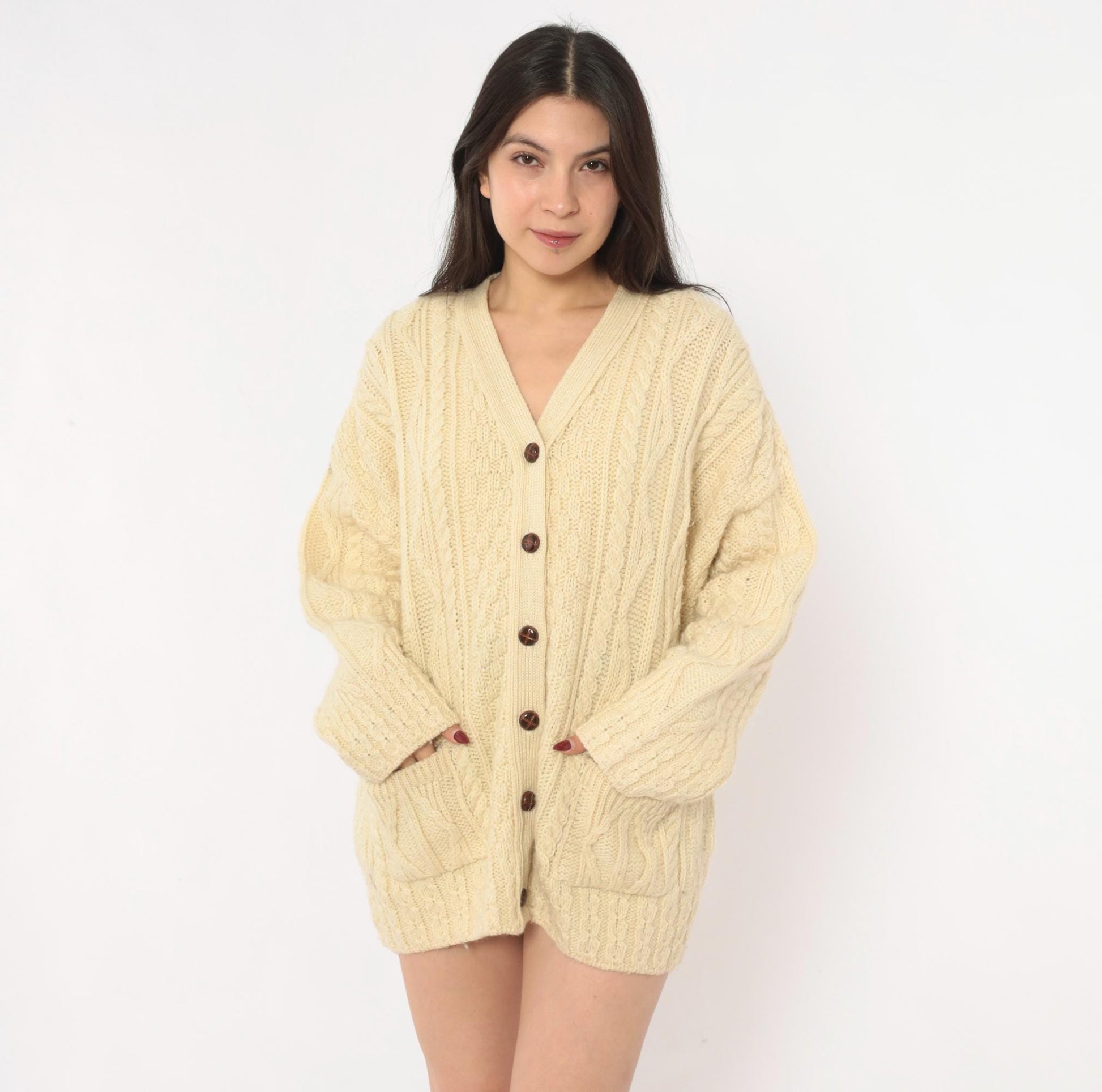 80s Celtic Country Cable Knit Cardigan Cream Wool Button Front Large L