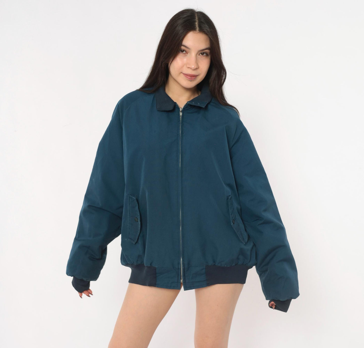 80s Sportsmaster Navy Harrington Bomber Jacket Zip Front Large L