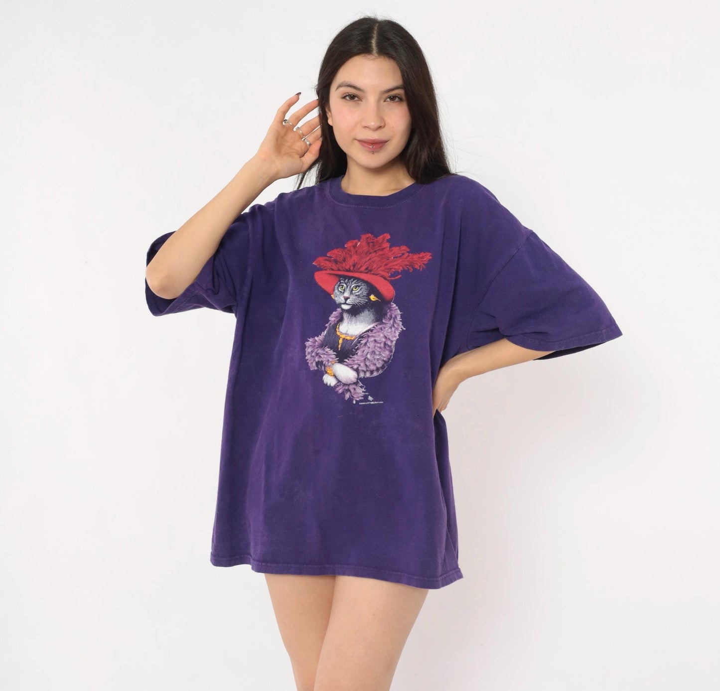Y2K Gildan Cat Graphic Tee Purple Feather Boa Red Hat Extra Large XL