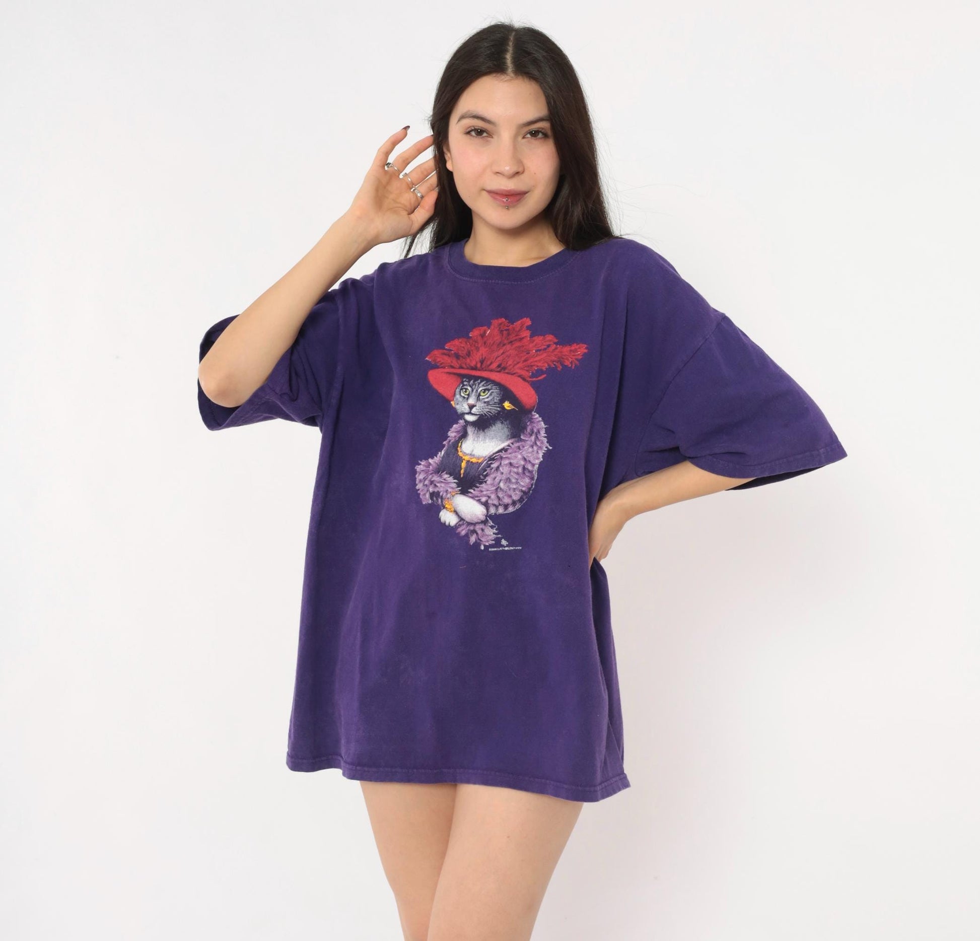 Y2K Gildan Cat Graphic Tee Purple Feather Boa Red Hat Extra Large XL
