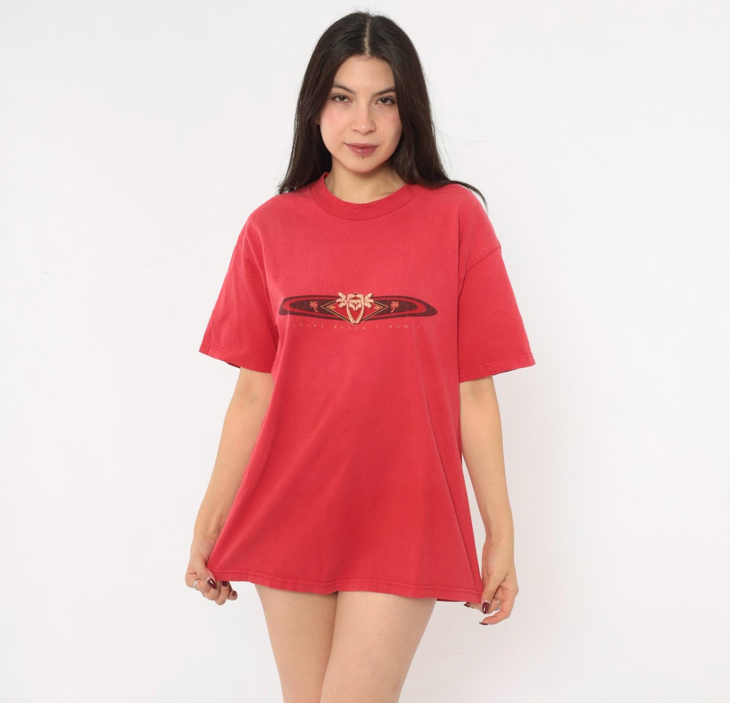 90s Waikiki Beach Hawaii Hanes Tee Red Cotton Palm Tree Graphic Large L