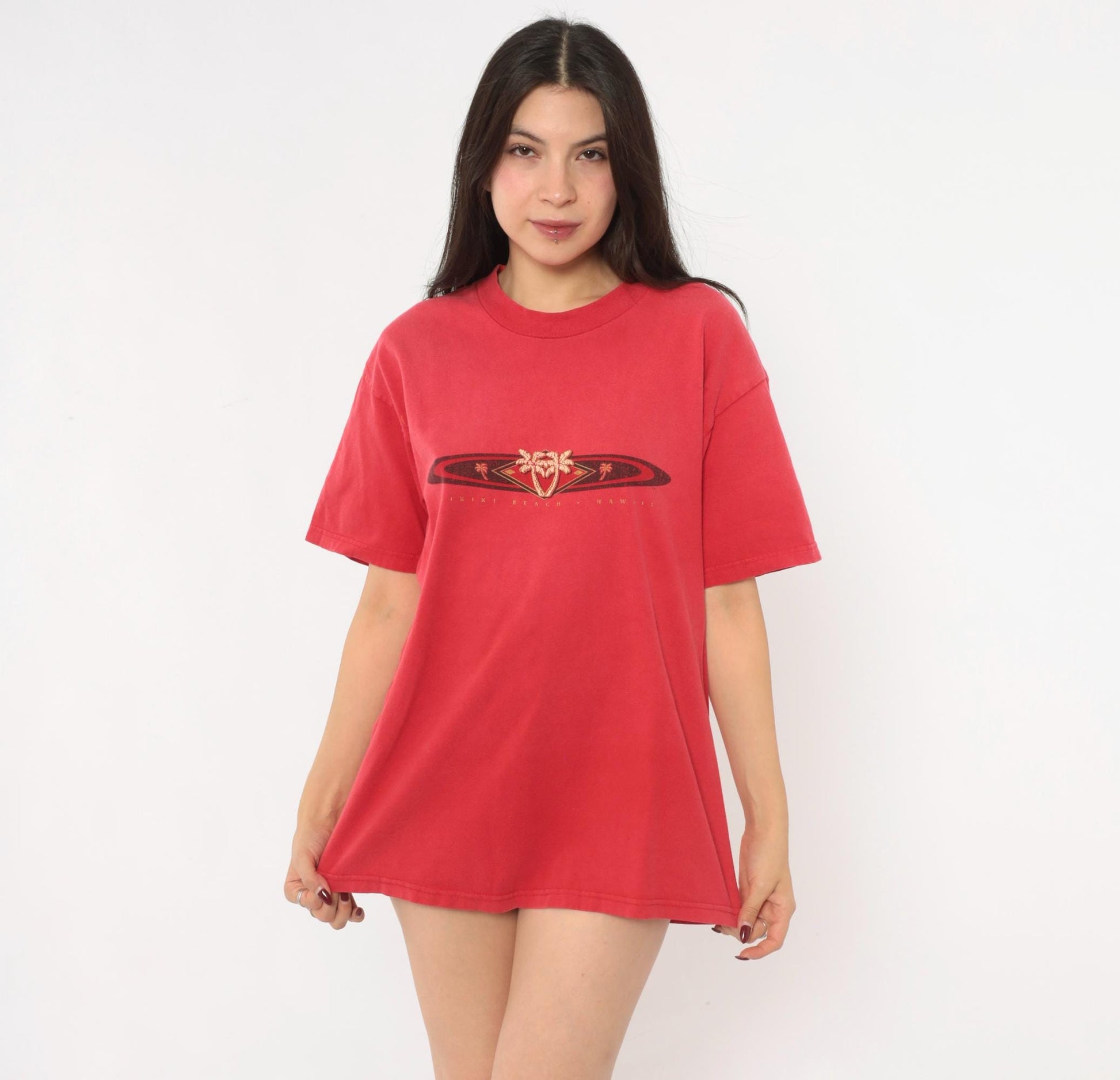 90s Waikiki Beach Hawaii Hanes Tee Red Cotton Palm Tree Graphic Large L