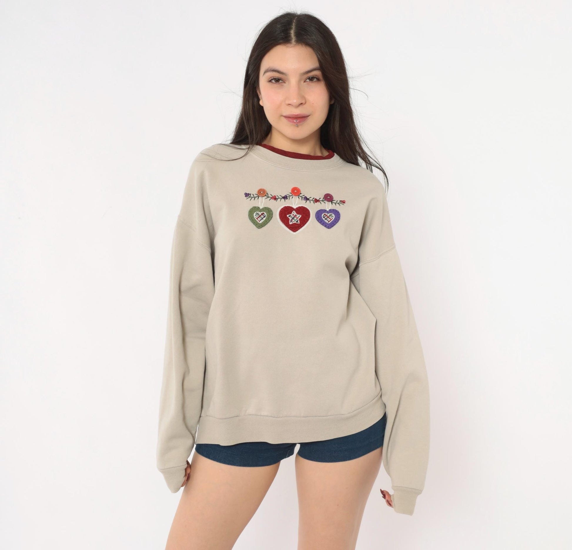 90s Taupe Crewneck Sweatshirt Heart Applique Folk Art Embroidered Medium M