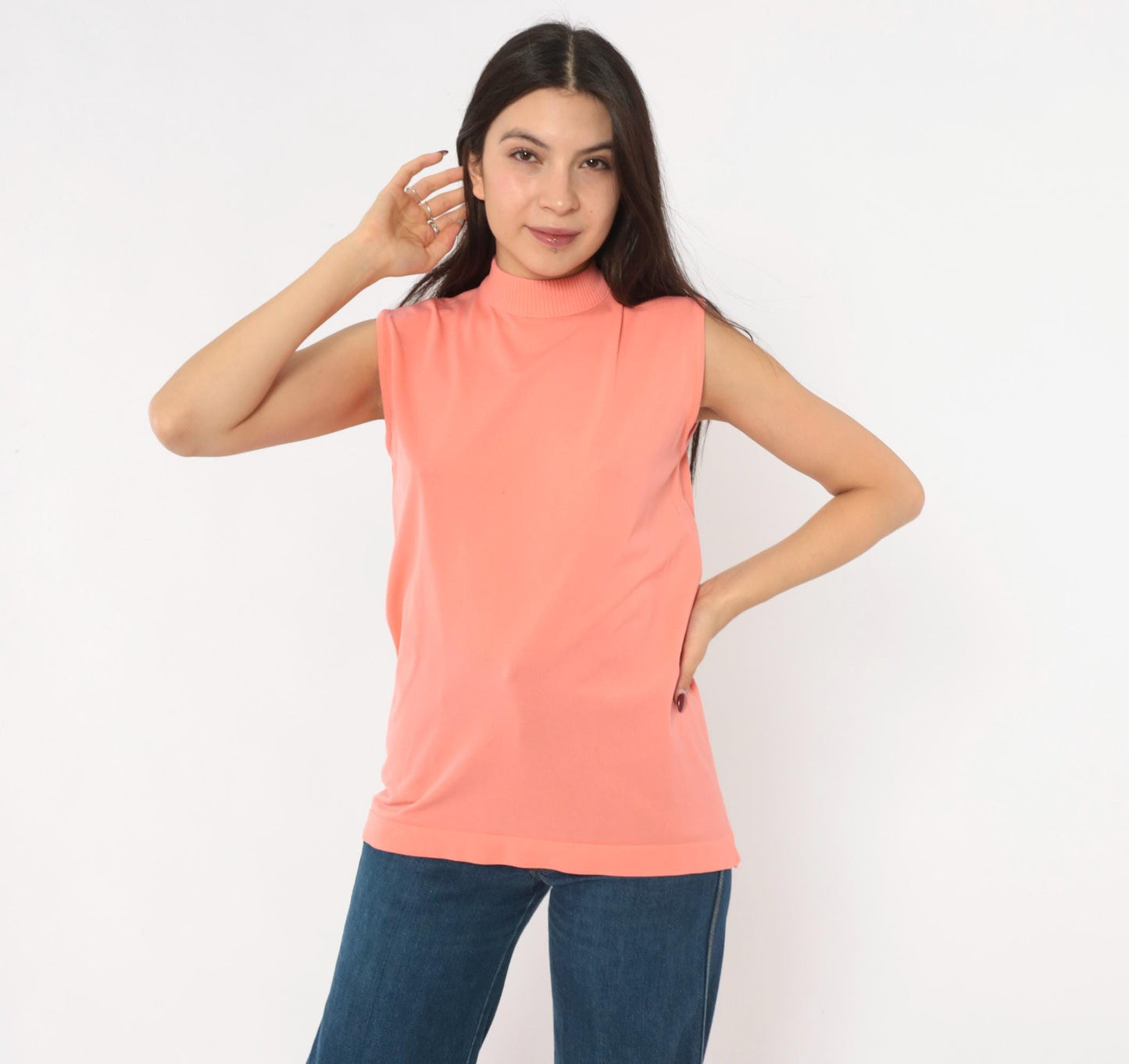 70s Booth Bay Coral Tank Top Mock Neck Sleeveless Blouse Large L