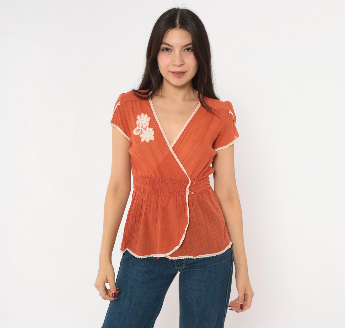 70s Burnt Orange Floral Lace Wrap Blouse Puff Sleeve Cream Trim Small