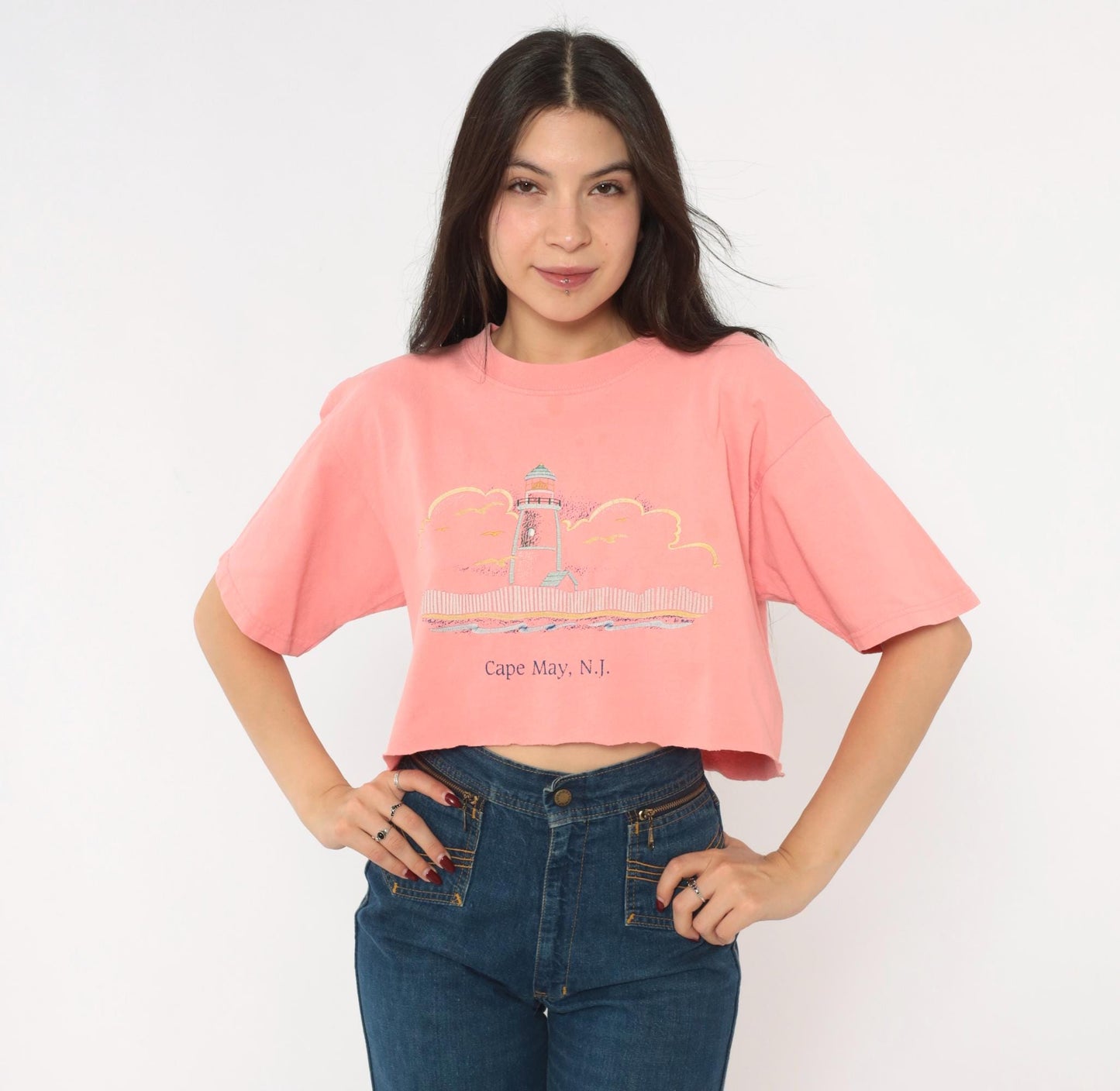 90s Anvil Lighthouse Cape May Crop Top Embroidered Cotton Pink Large L