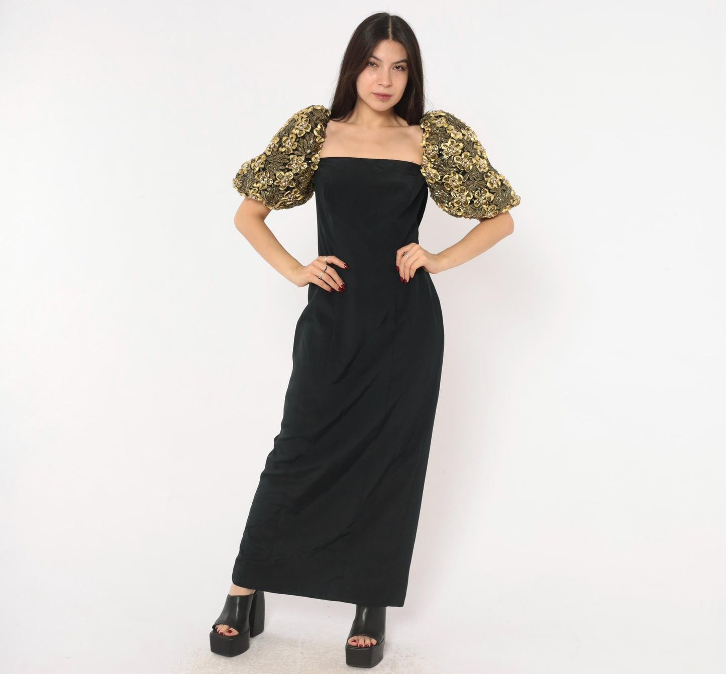 80s Eve of Milady Black Maxi Gown Gold Puff Sleeve Beaded Floral Medium