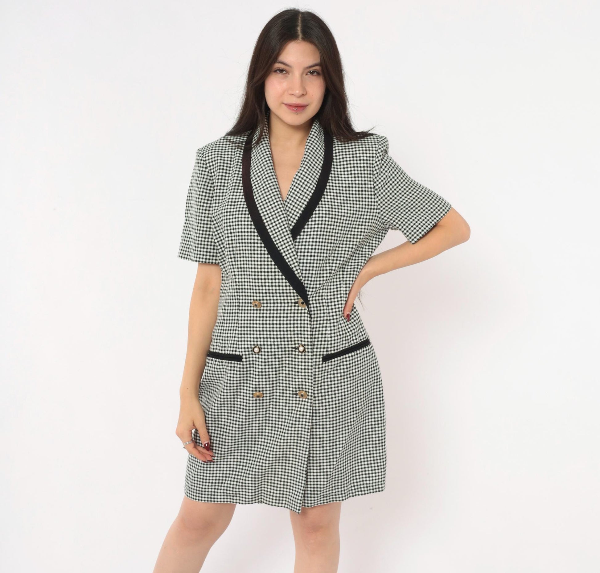 80s Danny & Nicole Gingham Blazer Dress Black White Check Large