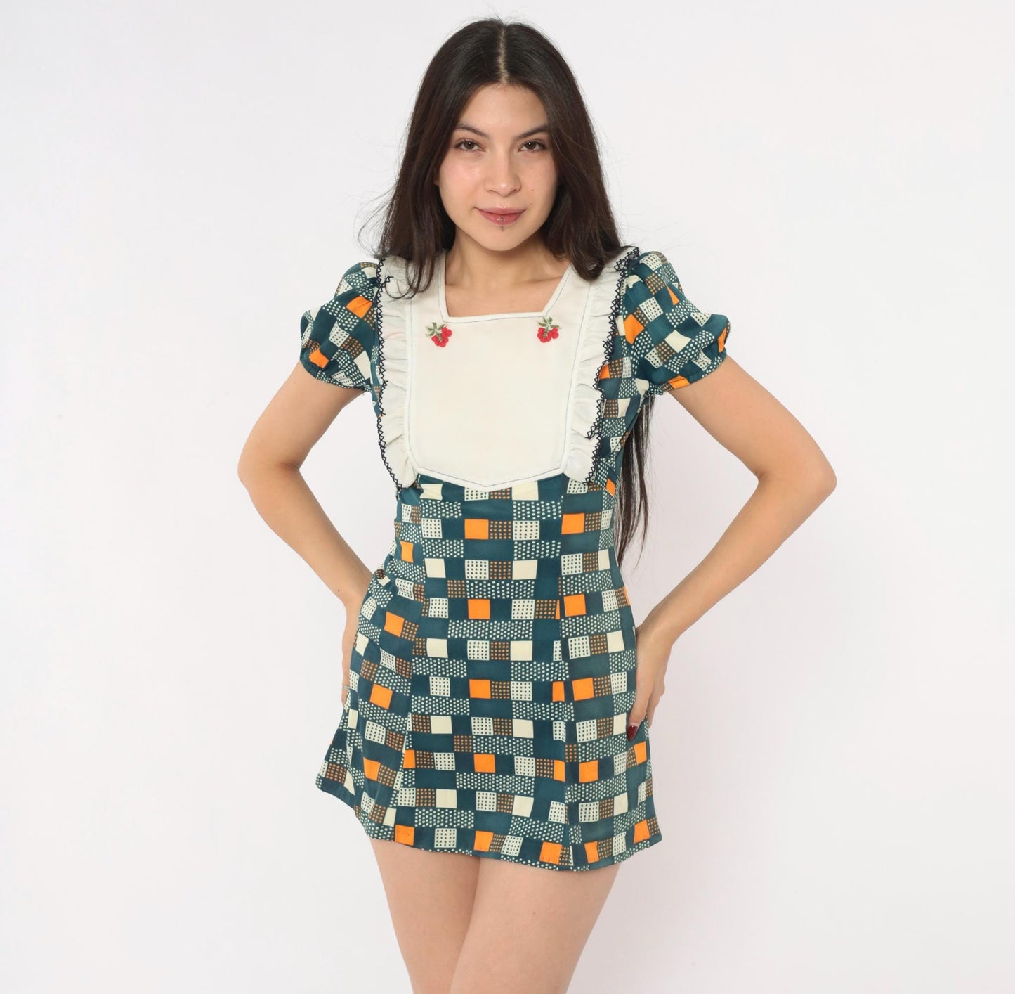 70s Navy Mini Dress Cherry Embroidered Geometric Puff Sleeve Bib Front Extra Small