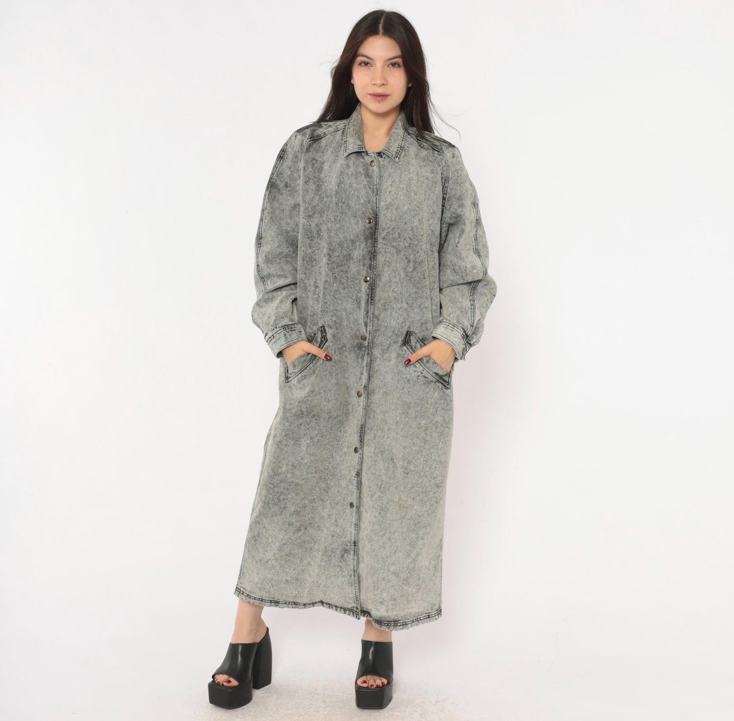 90s Acid Wash Denim Duster Grey Snap Front Maxi Jacket Cotton Medium M