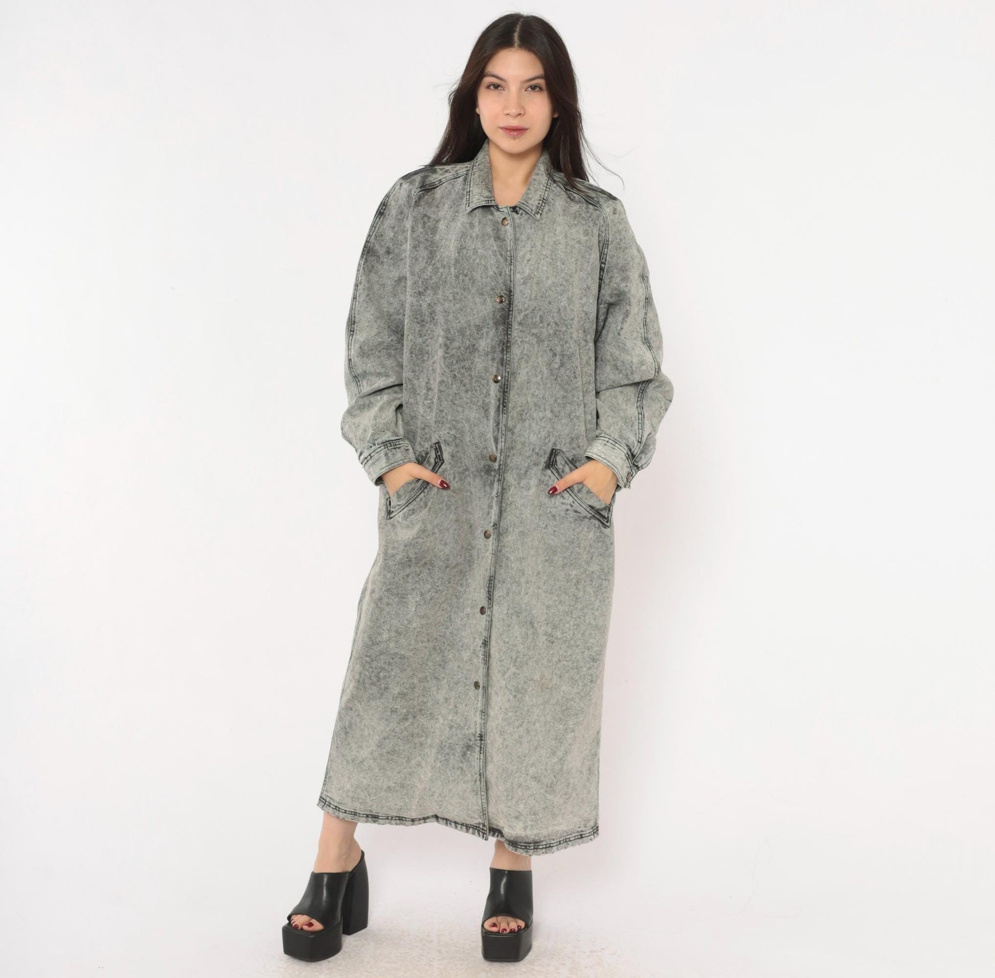 90s Acid Wash Denim Duster Grey Snap Front Maxi Jacket Cotton Medium M
