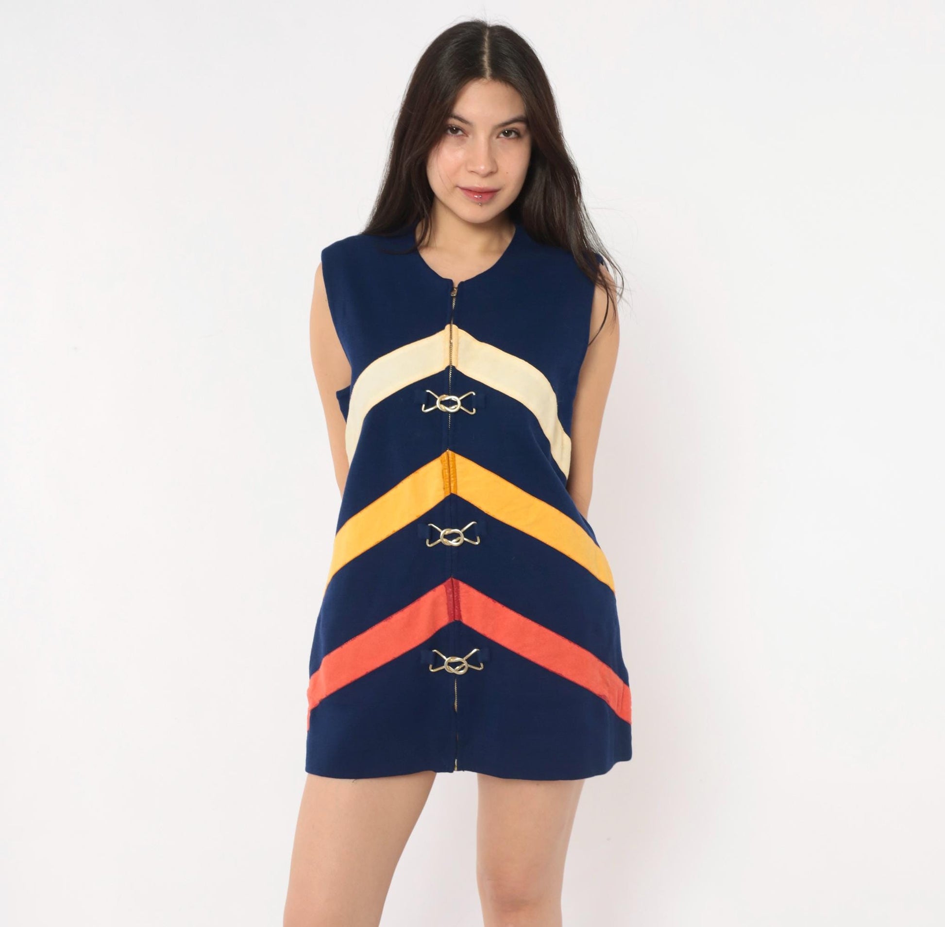 60s Di Costa Wool Chevron Stripe Mini Dress Navy Cream Gold Coral Zip Front Medium