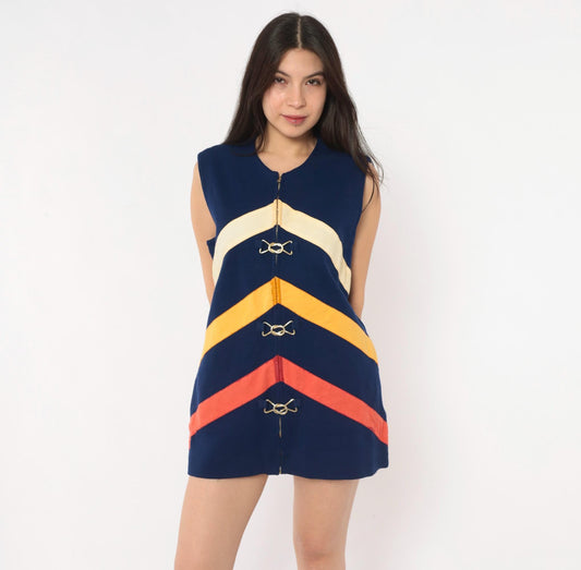 60s Di Costa Wool Chevron Stripe Mini Dress Navy Cream Gold Coral Zip Front Medium
