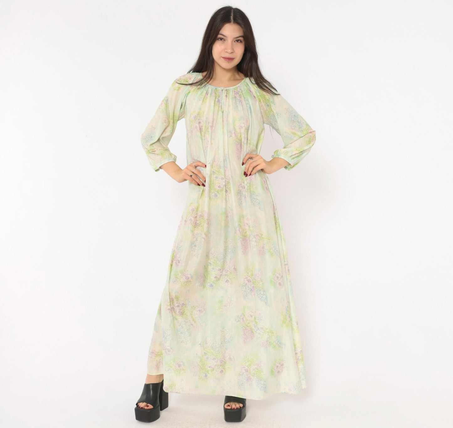 70s Floral Watercolor Maxi Nightgown Lavender Pink Blue Balloon Sleeve Medium M