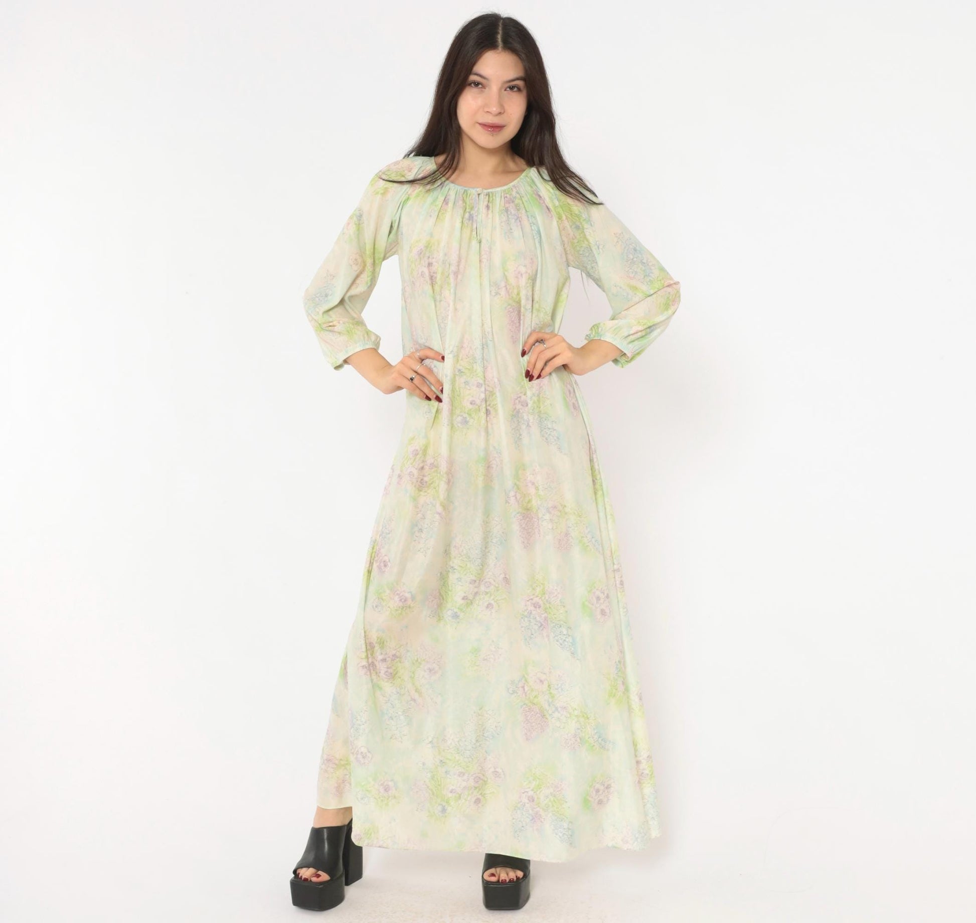 70s Floral Watercolor Maxi Nightgown Lavender Pink Blue Balloon Sleeve Medium M