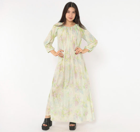 70s Floral Watercolor Maxi Nightgown Lavender Pink Blue Balloon Sleeve Medium M