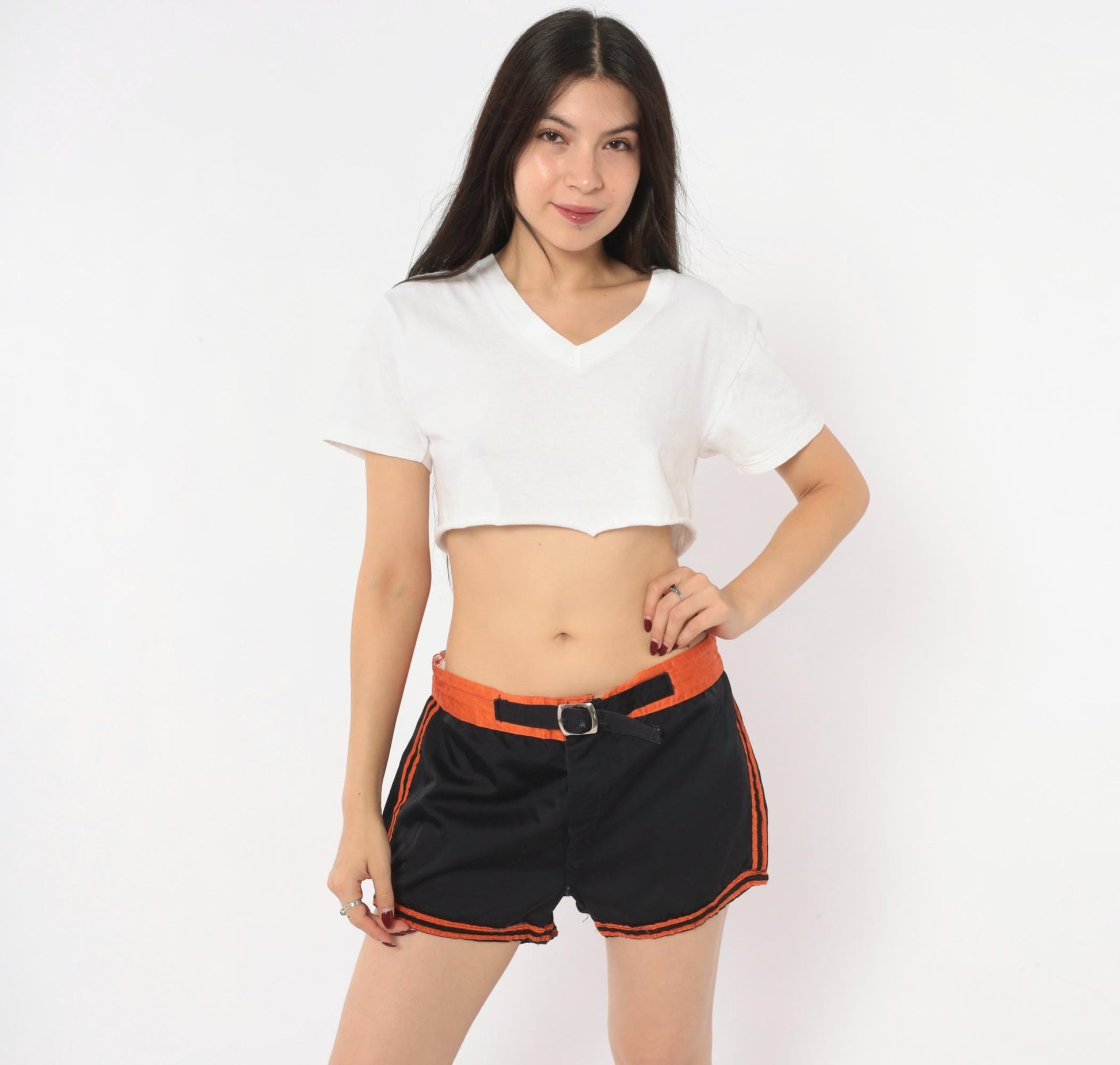 70s Mason Black Athletic Shorts Orange Stripe High-Waist Dolphin Medium M