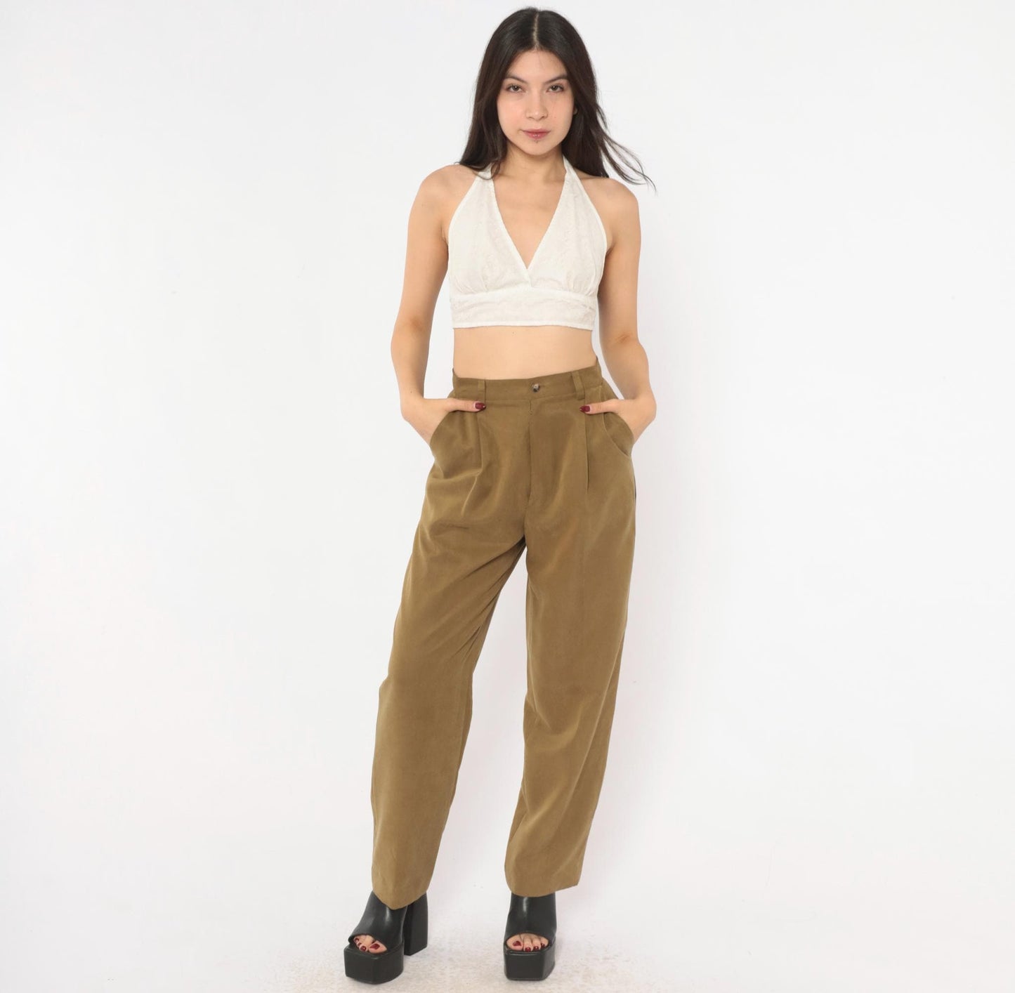 90s Pleated High-Waist Trousers Olive Tapered Leg Front Pleat Extra Small XS