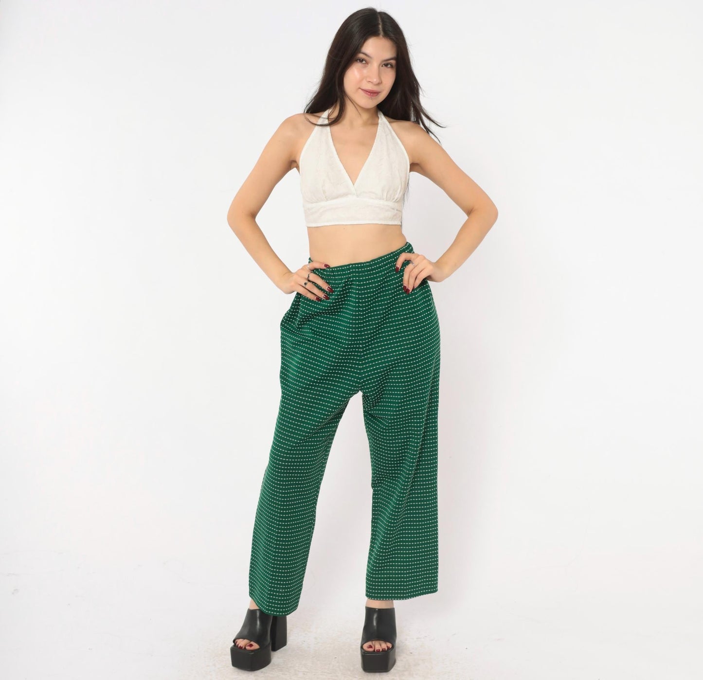 70s Green White Dotted Stripe Pull-On Trousers High Rise Wide Leg Small Medium