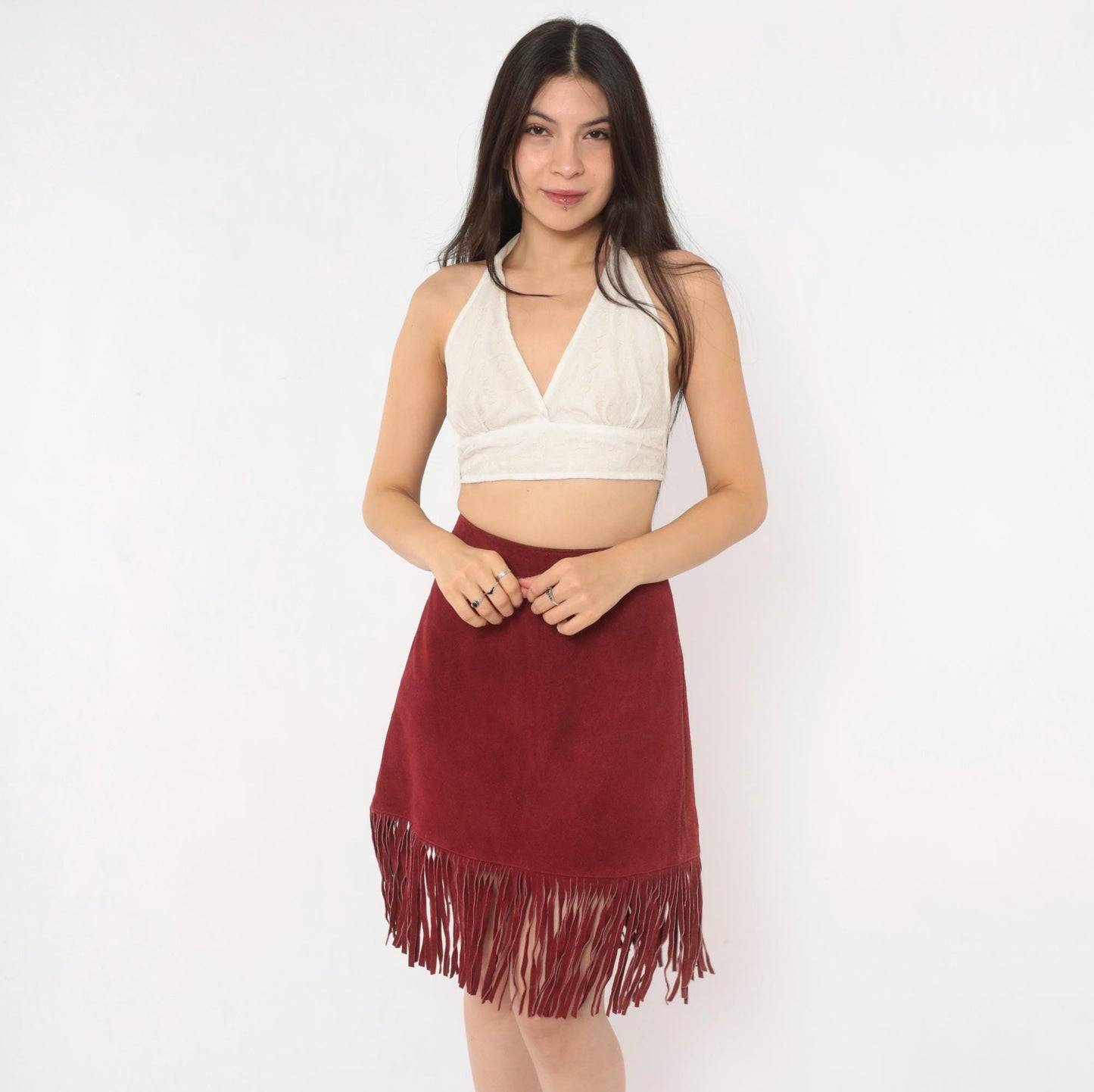 80s Passport Burgundy Suede Fringe A-Line Skirt High Waist Knee Length Large