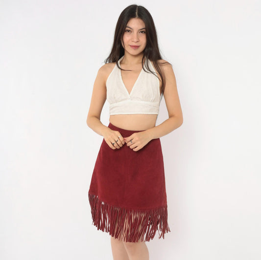 80s Passport Burgundy Suede Fringe A-Line Skirt High Waist Knee Length Large