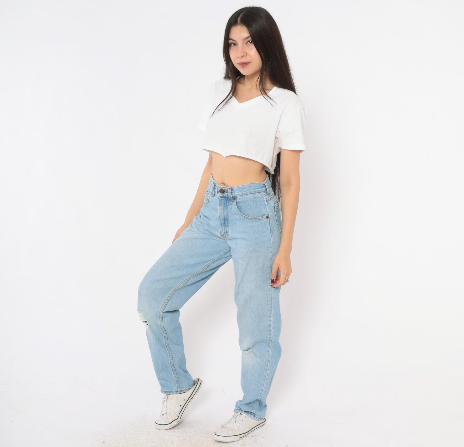90s Classic Style High Waist Straight Leg Jeans Light Wash Distressed Knee Small