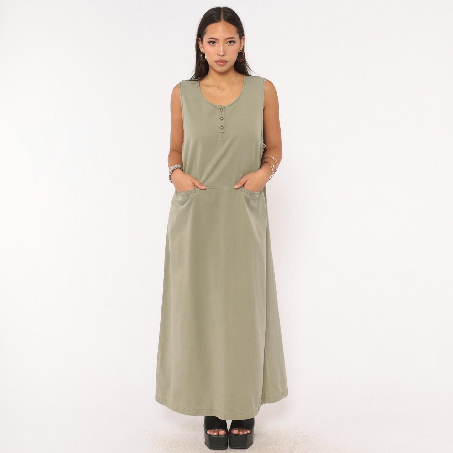 90s L.L.Bean Sleeveless Maxi Dress Sage Olive Cotton A-Line Pockets Extra Large XL