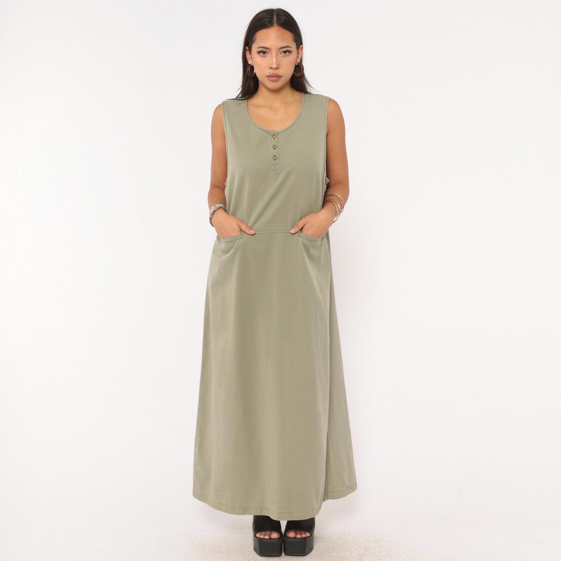 90s L.L.Bean Sleeveless Maxi Dress Sage Olive Cotton A-Line Pockets Extra Large XL