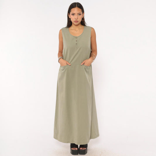 90s L.L.Bean Sleeveless Maxi Dress Sage Olive Cotton A-Line Pockets Extra Large XL