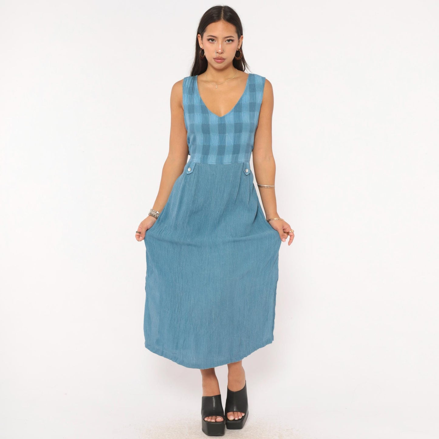 90s Whirlaway Frocks Blue Gingham Midi Dress Tie Back V Neck Large L