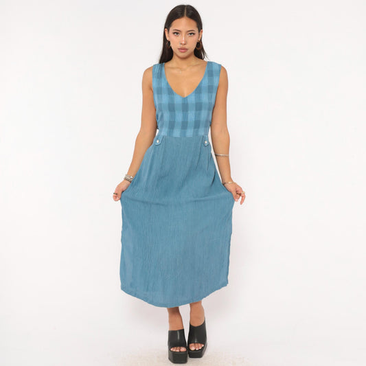 90s Whirlaway Frocks Blue Gingham Midi Dress Tie Back V Neck Large L