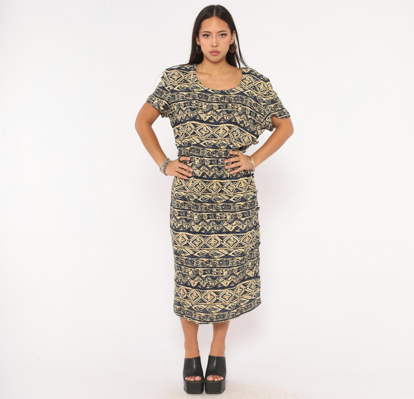 00s Maggy London Tribal Print Midi Dress Navy Cream Geometric Scoop Neck Large L
