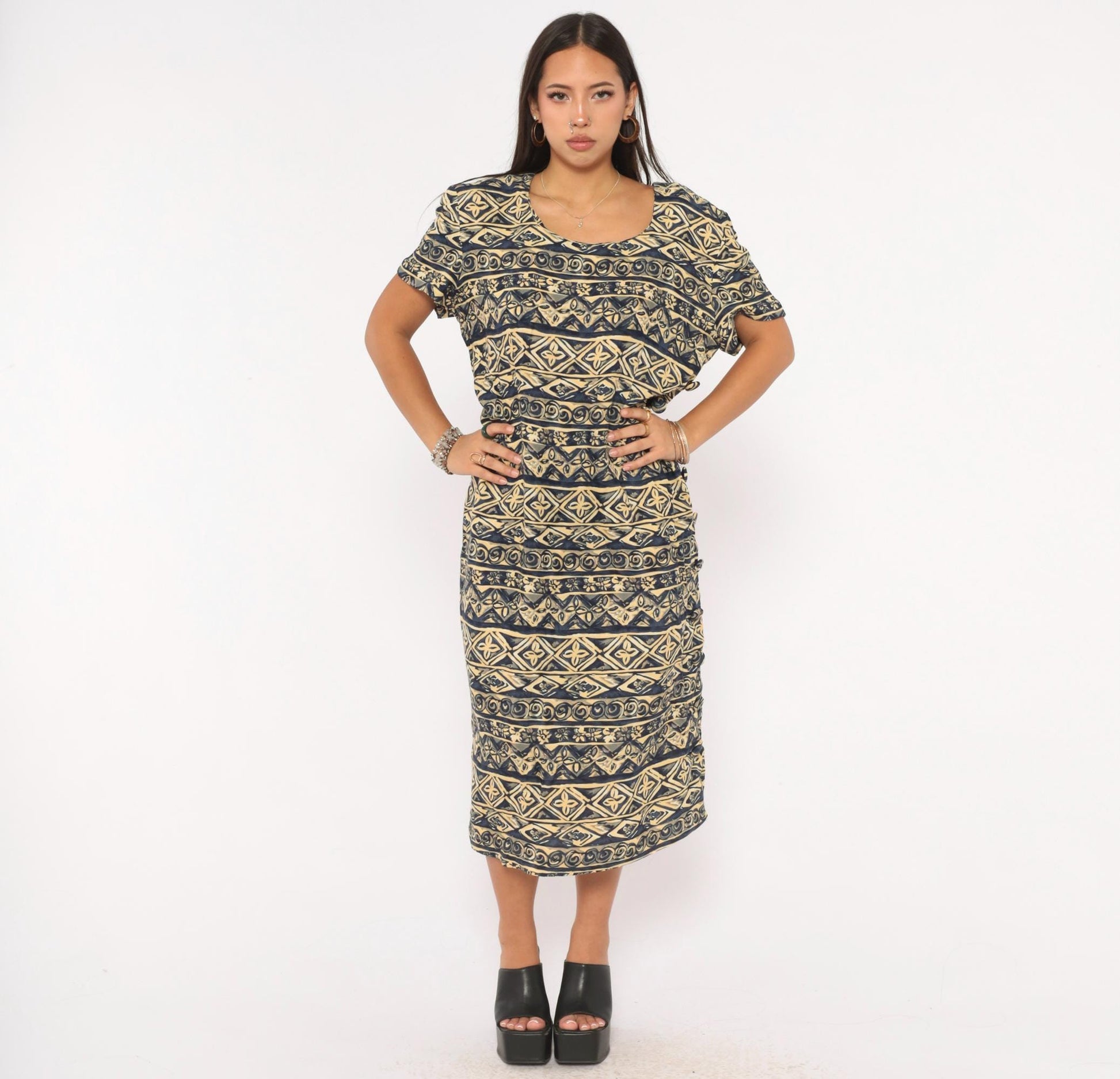 00s Maggy London Tribal Print Midi Dress Navy Cream Geometric Scoop Neck Large L