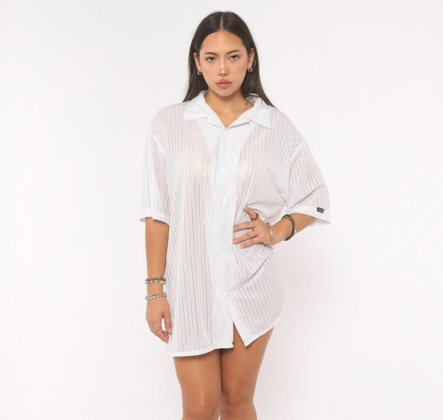 Y2K Solo White Striped Camp Collar Shirt Short Sleeve Plus Size 2X