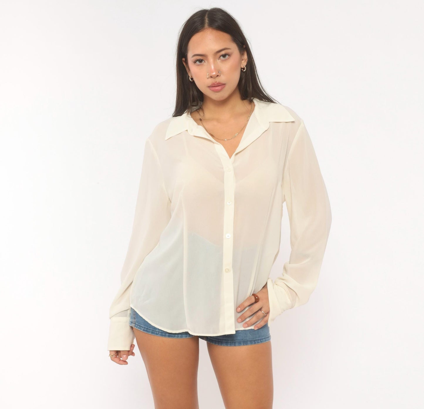 Y2K NY&Co Sheer Cream Button-Front Blouse Pointed Collar Long Sleeve Extra Large XL