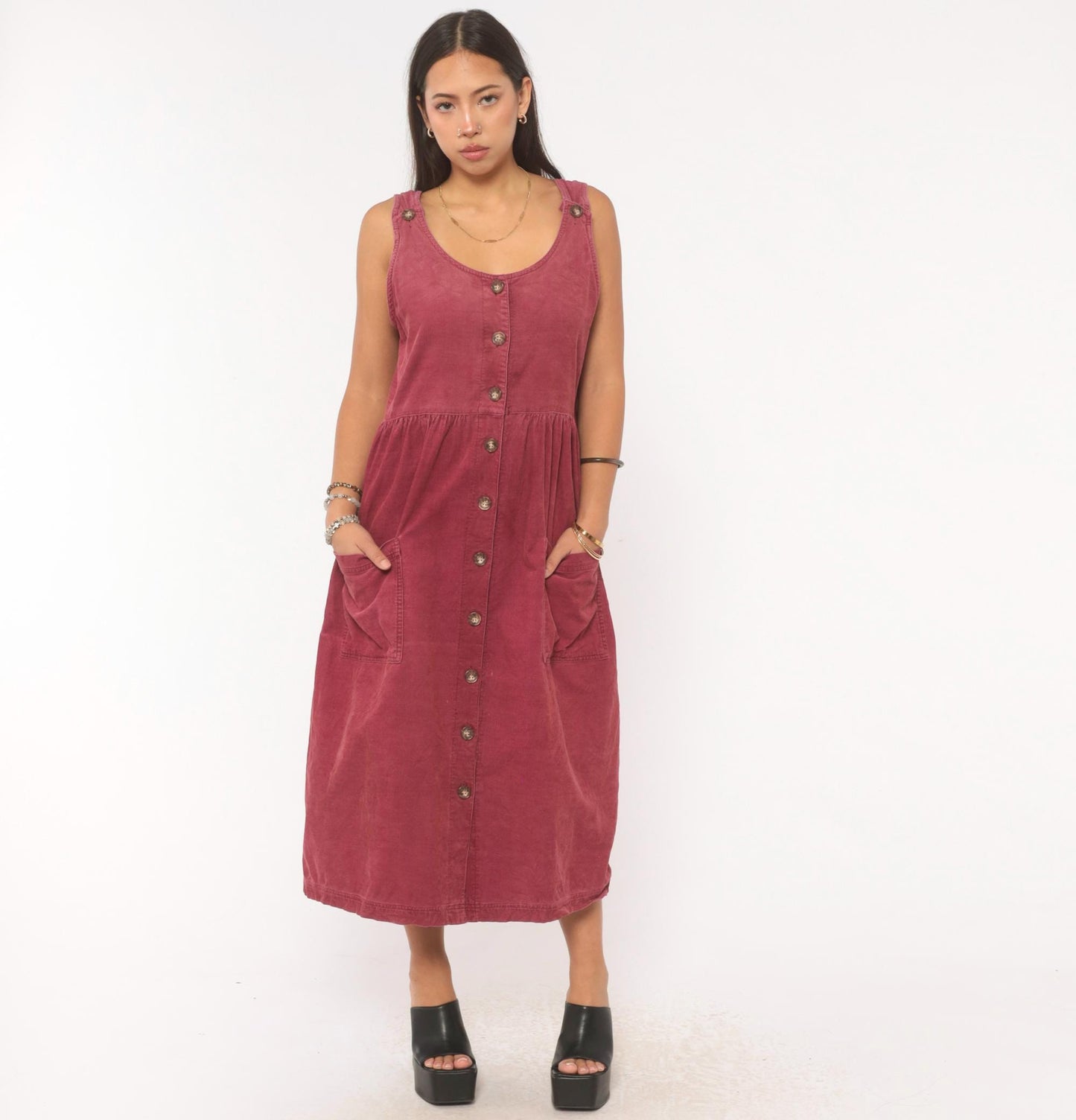 90s J.G. Hook Mauve Corduroy Jumper Dress Button Front Midi Medium M
