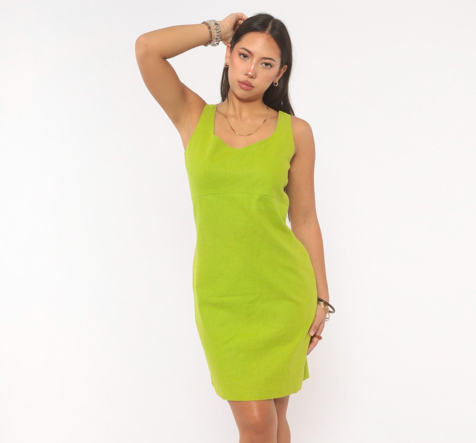 90s JRT Chartreuse Linen Shift Dress Sleeveless V-Neck Mini Small S