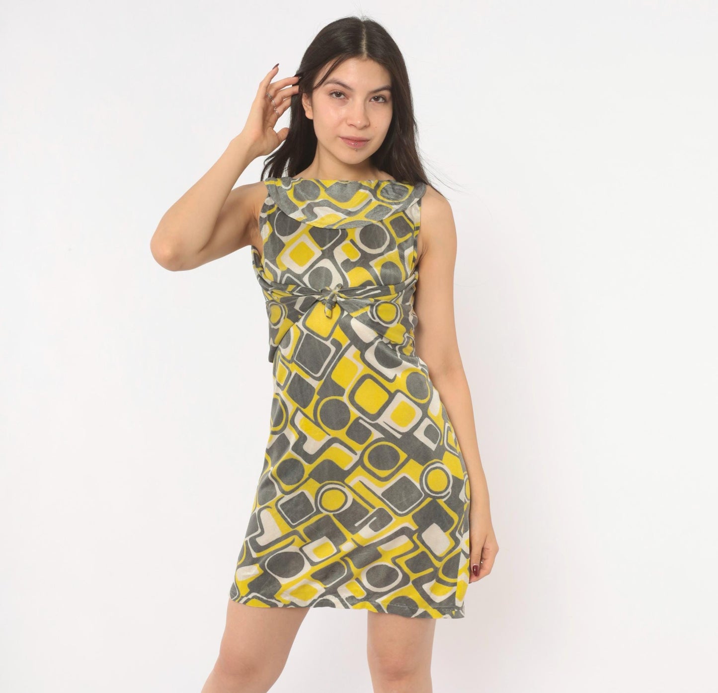 1960s Space Age Mod Mini Dress Yellow Grey Geometric Print Tie Waist Extra Small XS
