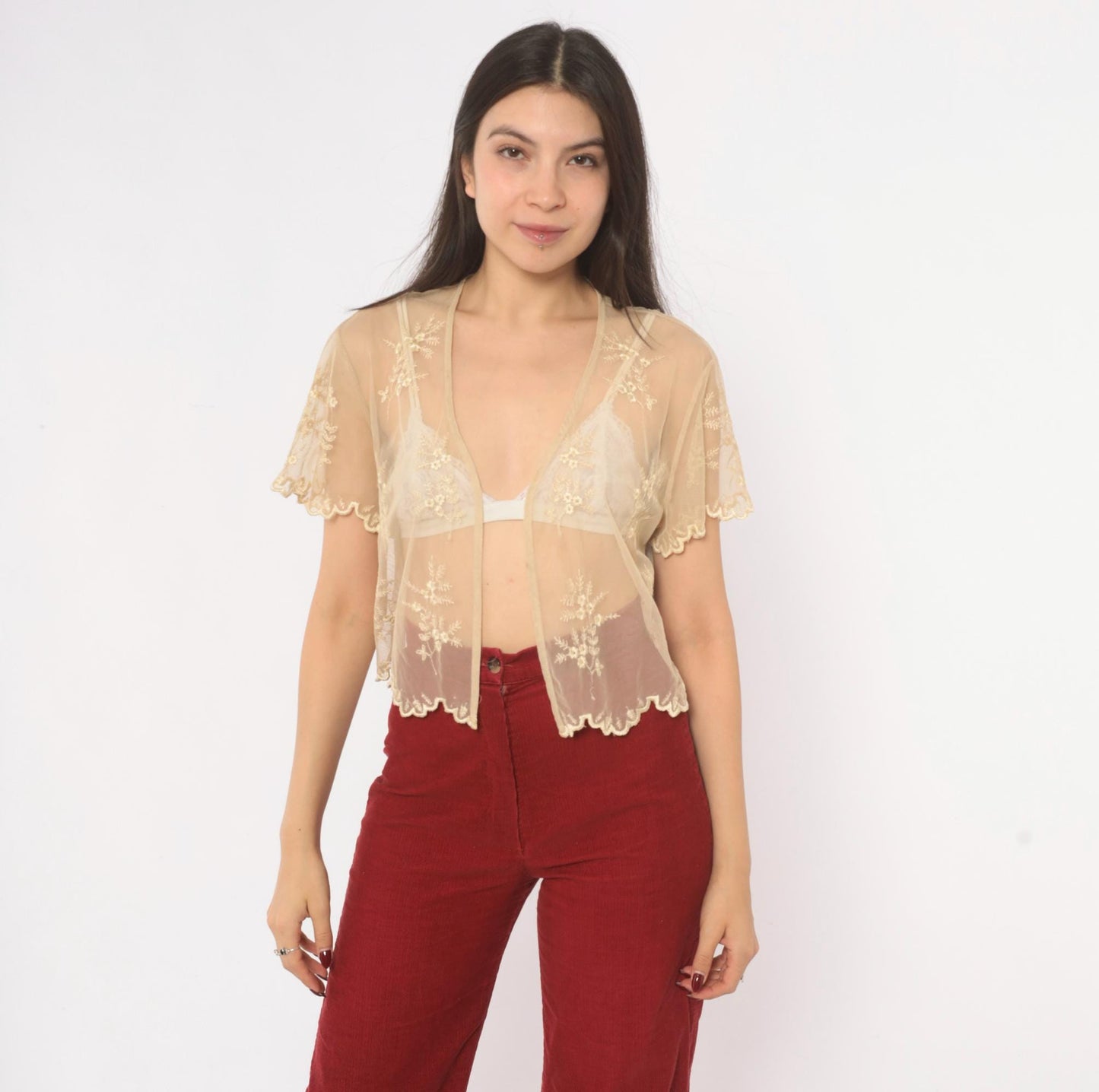 90s Newport News Embroidered Mesh Blouse Cream Floral V-Neck Small